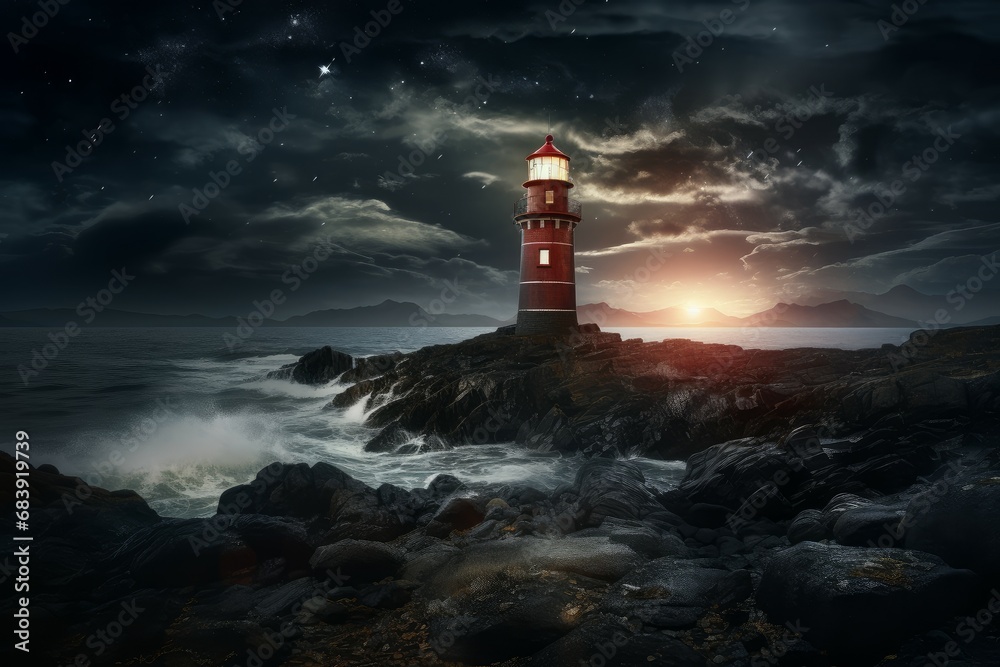 Welcoming Illuminated lighthouse. Ocean light coastline. Generate Ai