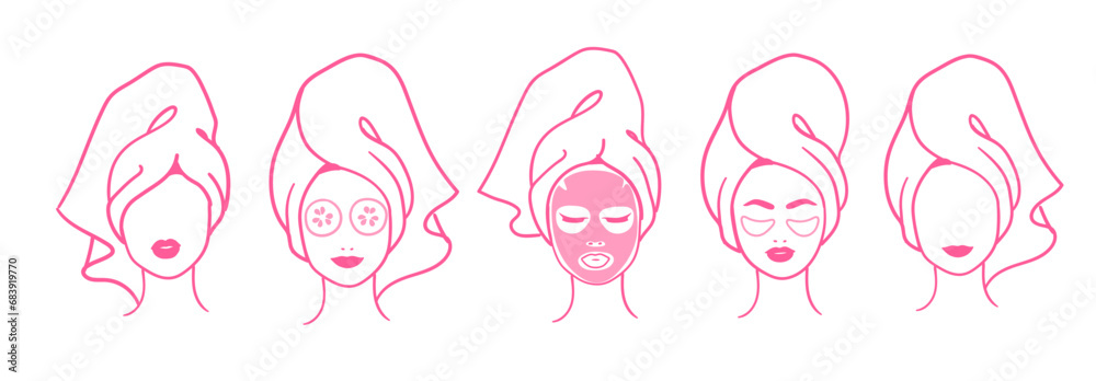 Vector illustration collection of female portraits with facial masks wrapped with hair towel in pink color