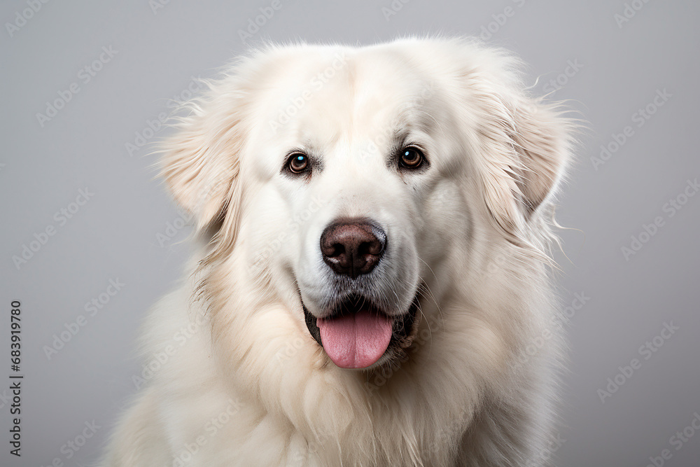 Pyrenean Mountain Dog close-up portrait on a gray background. Pyrenean Mountain Dog close-up portrait on a gray background.