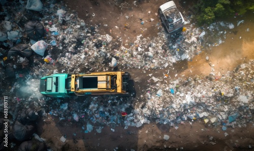 Garbage pile in trash dump or landfill abundance, Aerial view garbage truck unload garbage to a landfill, Biohazard global warming ecosystem and healthy environment, Generative AI 