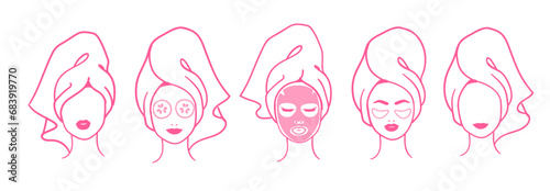 Vector illustration collection of female portraits with facial masks wrapped with hair towel in pink color