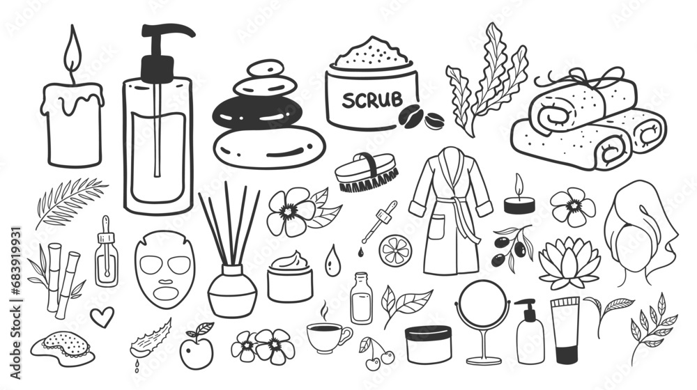 Spa salon accessorises. Vector isolated illustrations doodles collection