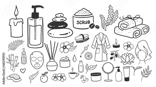 Spa salon accessorises. Vector isolated illustrations doodles collection