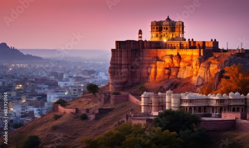 The Jaswant Thada and Mehrangarh Fort in background at sunset, The Jaswant Thada is a cenotaph located in Jodhpur, It was used for the cremation of the royal family Marwar, Rajasthan, Generative AI  photo