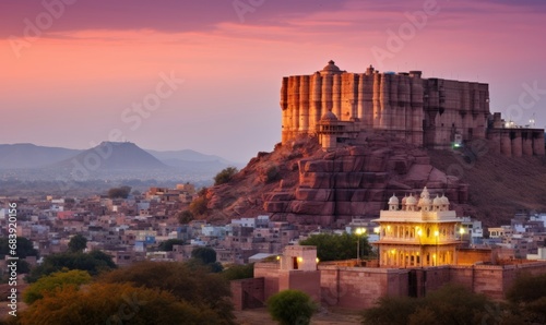 The Jaswant Thada and Mehrangarh Fort in background at sunset, The Jaswant Thada is a cenotaph located in Jodhpur, It was used for the cremation of the royal family Marwar, Rajasthan, Generative AI  photo