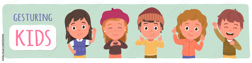 Happy boys, girls kids gesturing portrait set. Positive children persons posing showing peace sign, thumb up, finger heart, OK, winner hand gestures. Smiling child flat vector illustration collection Happy boys, girls kids gesturing portrait set. Positive children persons posing showing peace sign, thumb up, finger heart, OK, winner hand gestures. Smiling child flat vector illustration collection