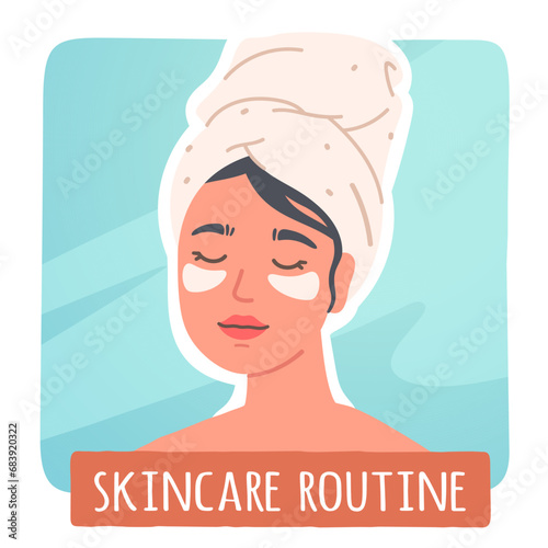 Woman eye skin care routine sticker. Pretty girl wearing towel on head and applying gel eye patches. Person skincare procedure, health, hygiene, face cosmetics, beauty flat vector illustration