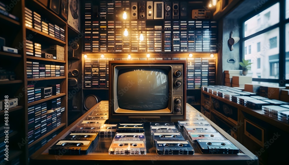 vintage television set at cassette shop, retro music shop environment.