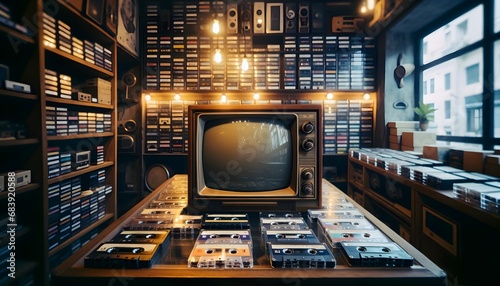vintage television set at cassette shop, retro music shop environment. photo