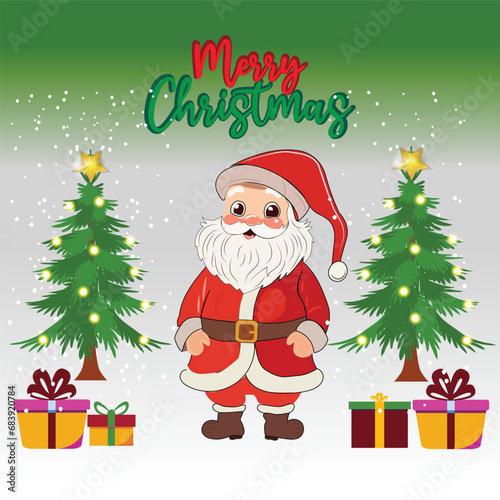 Santa Claus cute character illustration with Merry Christmas text  winter snow background