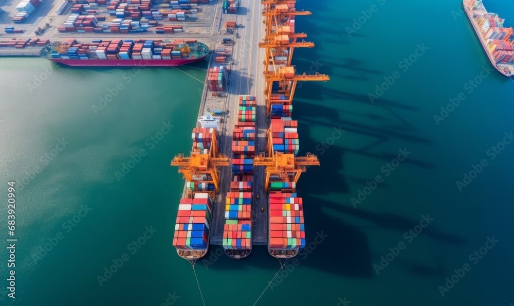 Aerial view cargo ship terminal, Unloading crane of cargo ship terminal, Aerial view industrial port with containers and container ship, Generative AI 