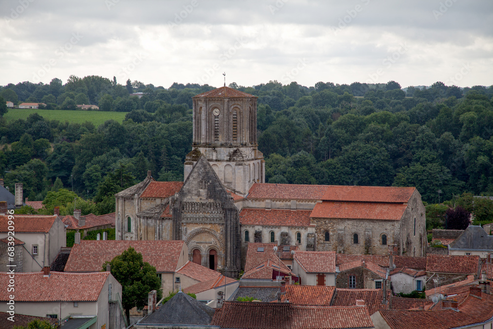 Aerial view of the church of Notre-Dame-de-l'Assomption in Vouvant