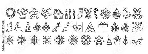 Christmas and New Year holidays elements icons set. Vector illustrations. Editable stroke.