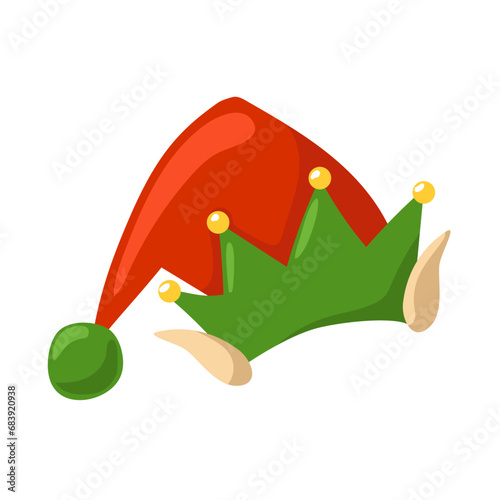 Christmas elf hat isolated on white background. A hat with ears and golden bells in red and green colors. Cartoon style. Vector illustration.