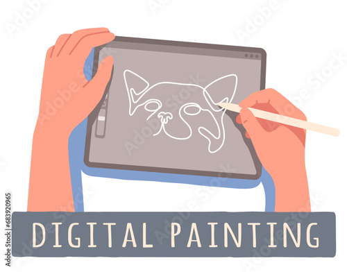Digital painting on graphics tablet. Person hands sketching line doodle. Designer drawing cat with stylus pen on tablet device screen. Digital art design workshop, flat vector illustration