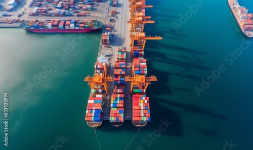 Aerial view cargo ship terminal, Unloading crane of cargo ship terminal, Aerial view industrial port with containers and container ship, Generative AI 