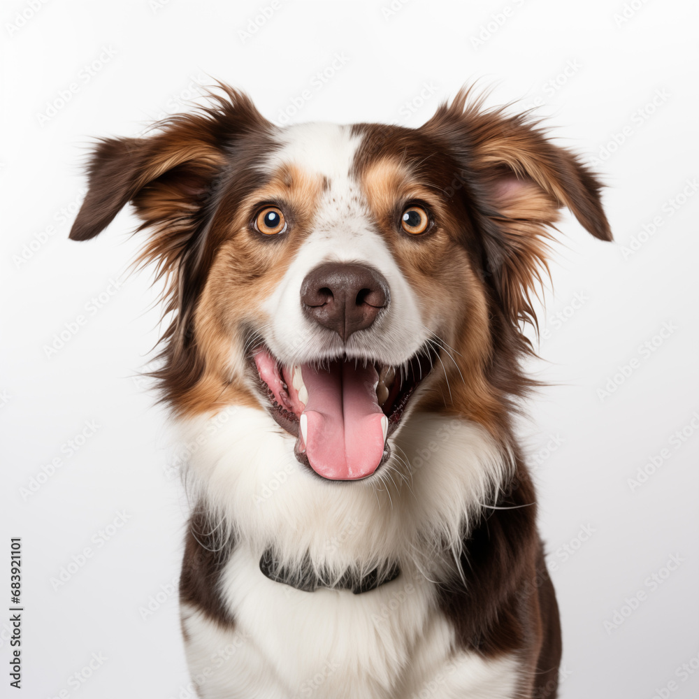  portrait of brown white and black medium mixed breed dog smiling against a white background