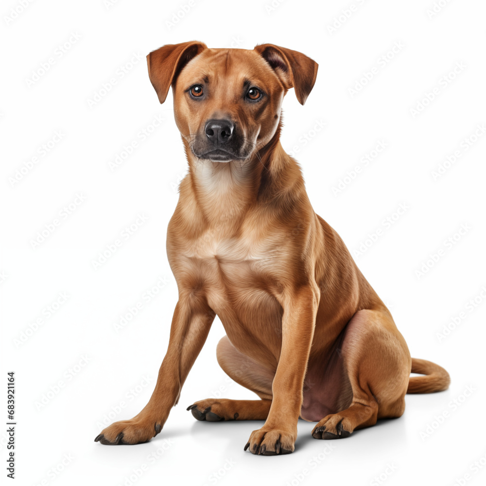 brown and white medium mixed breed dog white background