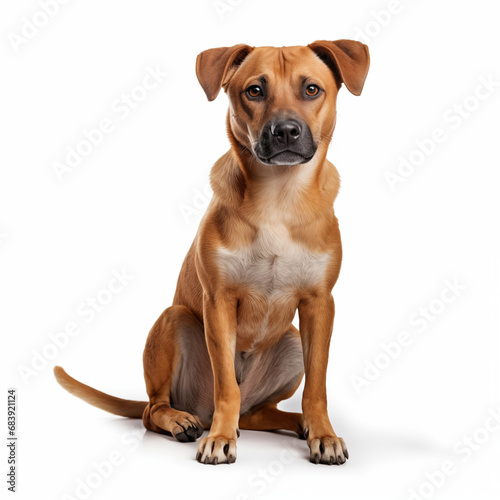 brown and white medium mixed breed dog white background