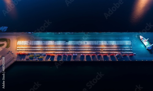 New car lined up in the port for import export around the world, Automobile and automotive roro carrier boat vessel terminal, Aerial view rows of new car at night waiting to be dispatch, Generative AI photo