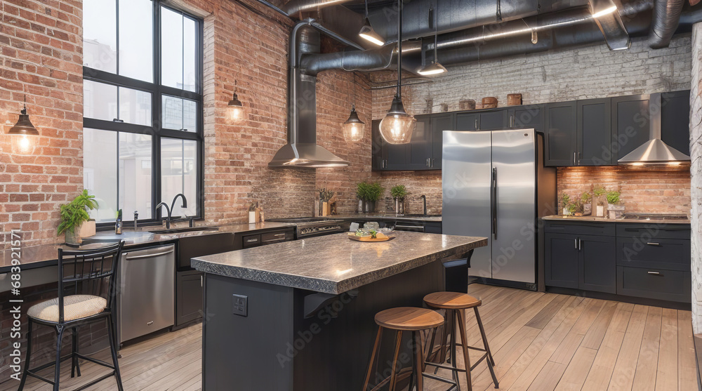 Industrial Chic Brick Wall Kitchen with Black Stainless Steel Appliances and Extra Long Waterfall Island