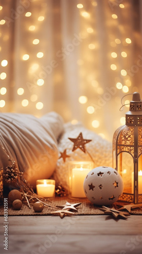 Winter cosy composition with bokeh lights, lantern and candles, vertical interior design. Generative AI