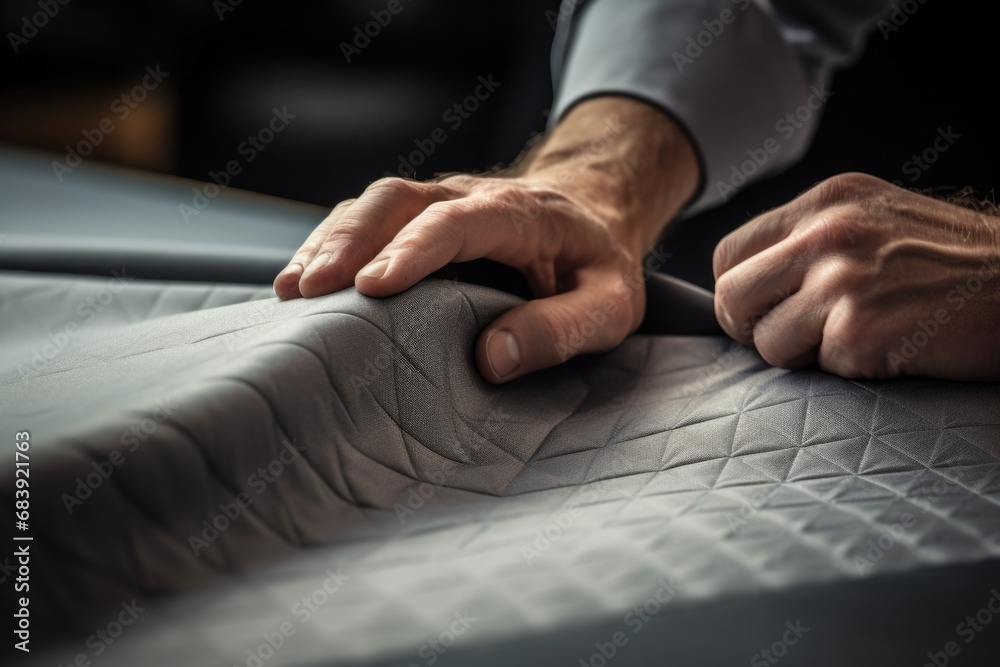 A close-up image of a person cutting a piece of cloth. This picture can be used in various sewing, tailoring, or fashion-related projects