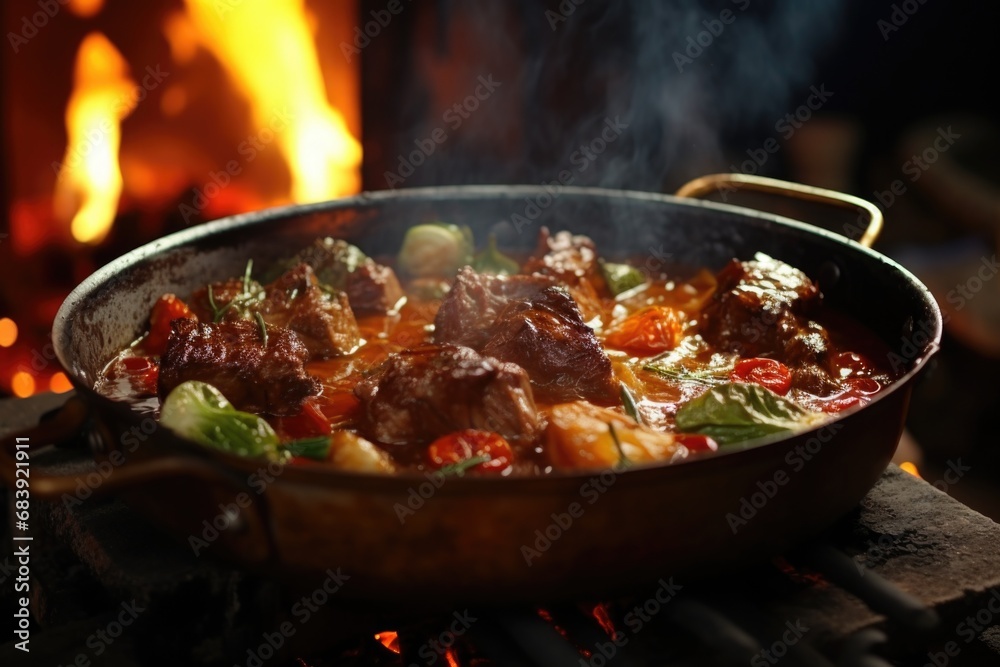 A skillet filled with meat and vegetables cooking over an open fire. Perfect for outdoor cooking or camping enthusiasts