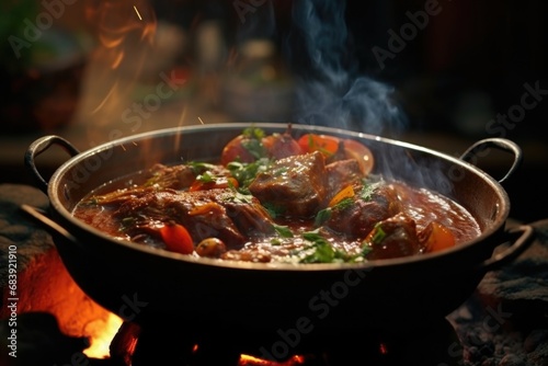 A pot of food cooking over a fire. This image can be used to depict outdoor cooking, camping, or traditional cooking methods