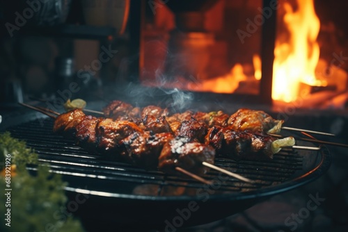 A picture of a grill with skewered meat and vegetables, perfect for barbecues and outdoor cooking