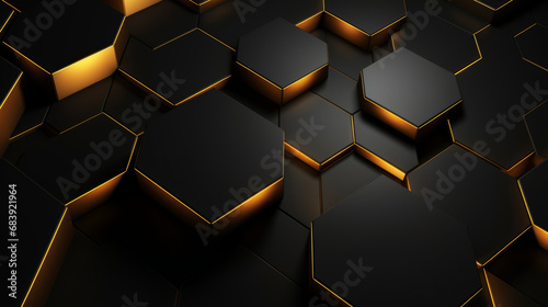 Three-dimensional pentagon dark golden and black background photo