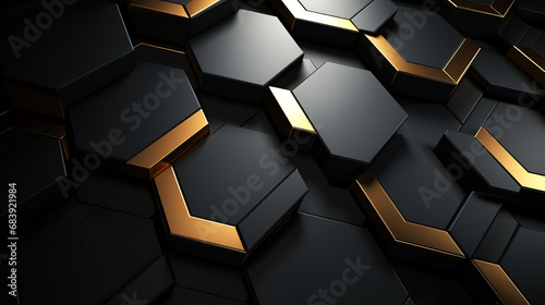 Three-dimensional pentagon dark golden and black background photo
