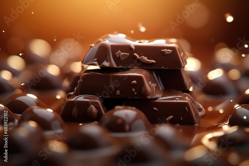 A pile of chocolate sitting on top of a table. This image can be used to depict indulgence, temptation, or a sweet treat for any occasion