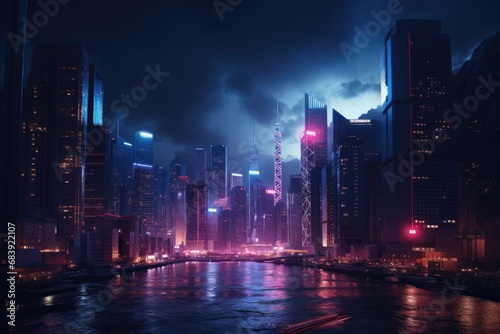 A captivating view of a city at night, seen from the other side of a serene river. This image can be used to depict the vibrant nightlife, urban landscape, or the peacefulness of a waterfront setting