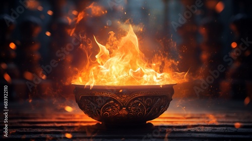 A holy fire burning brightly within an ancient brazier, its flames dancing in mesmerizing patterns.