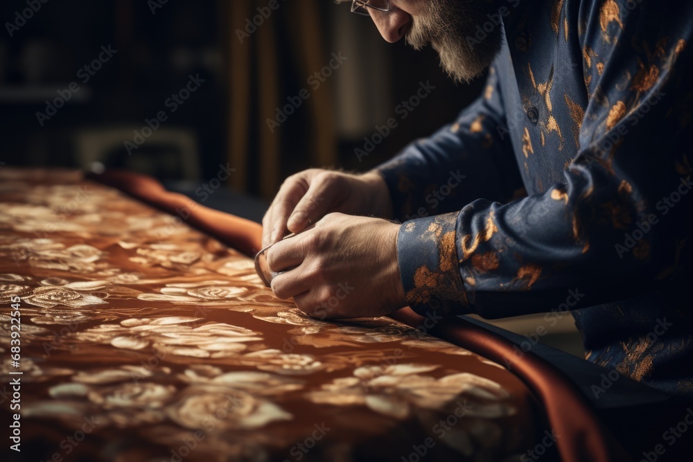 A man is shown tying a tie on a table. This image can be used to depict professionalism, preparation, or getting ready for an important event A man is shown tying a tie on a table. This image can be used to depict professionalism, preparation, or getting ready for an important event
