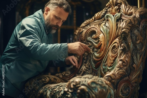 A man in a blue shirt diligently working on carving a chair. This image can be used to depict craftsmanship, woodworking, furniture making, or DIY projects