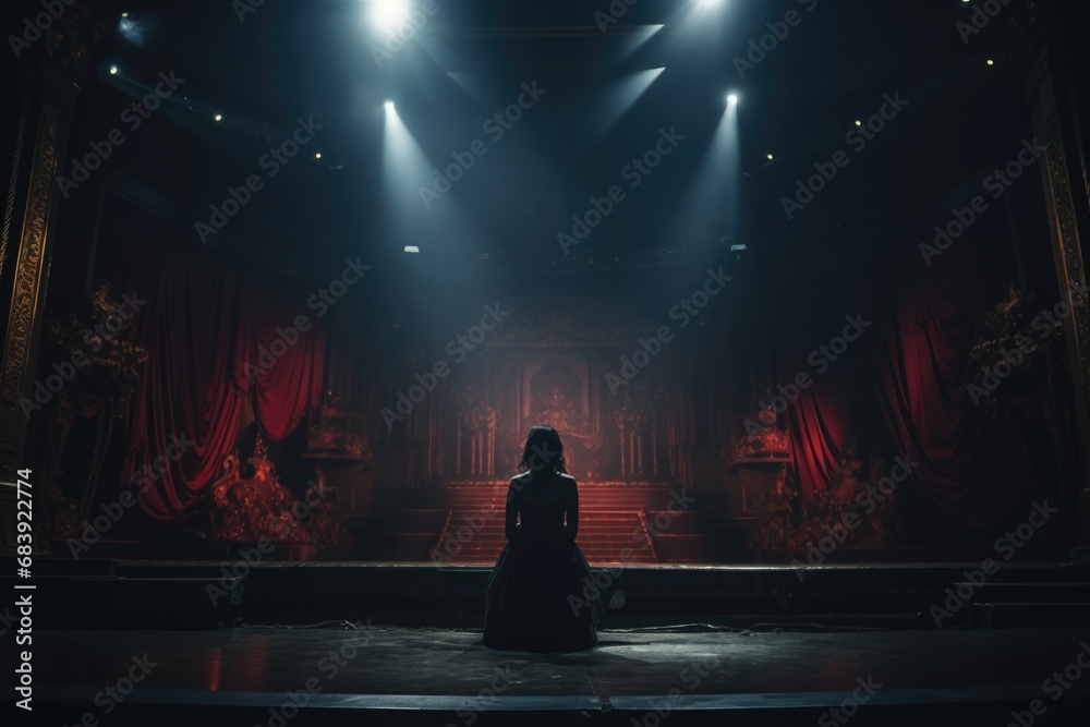 A woman wearing a black dress standing on a stage. This image can be used to depict a performer, an actress, or someone giving a speech or presentation A woman wearing a black dress standing on a stage. This image can be used to depict a performer, an actress, or someone giving a speech or presentation
