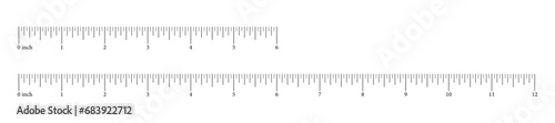 Ruler scale 6 and 12 inch, half foot and foot. Horizontal measuring charts. Height, length measurement scale with markup and numbers. Distance, geometric, sewing tool. Vector graphic illustration. Eps
