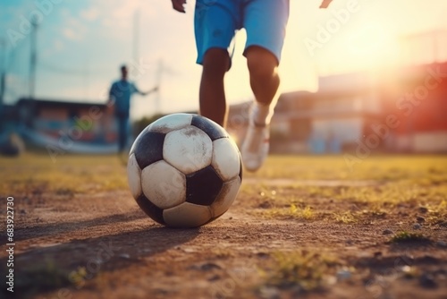 A picture of a soccer ball on the ground with a man in the background. This image can be used for sports-related projects or to depict outdoor activities