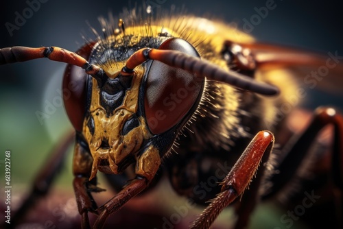 A detailed close-up view of a wasp's face. 