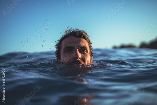 A man is seen swimming in the ocean with his head above the water. This picture can be used to depict leisure activities, summer vacations, or staying afloat in challenging situations photo