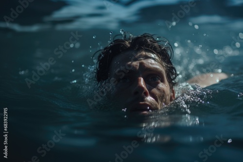 A man is seen swimming in the water with a frisbee held in his mouth. This image can be used to depict leisure activities, outdoor sports, or playful moments by the beach or poolside © Ева Поликарпова