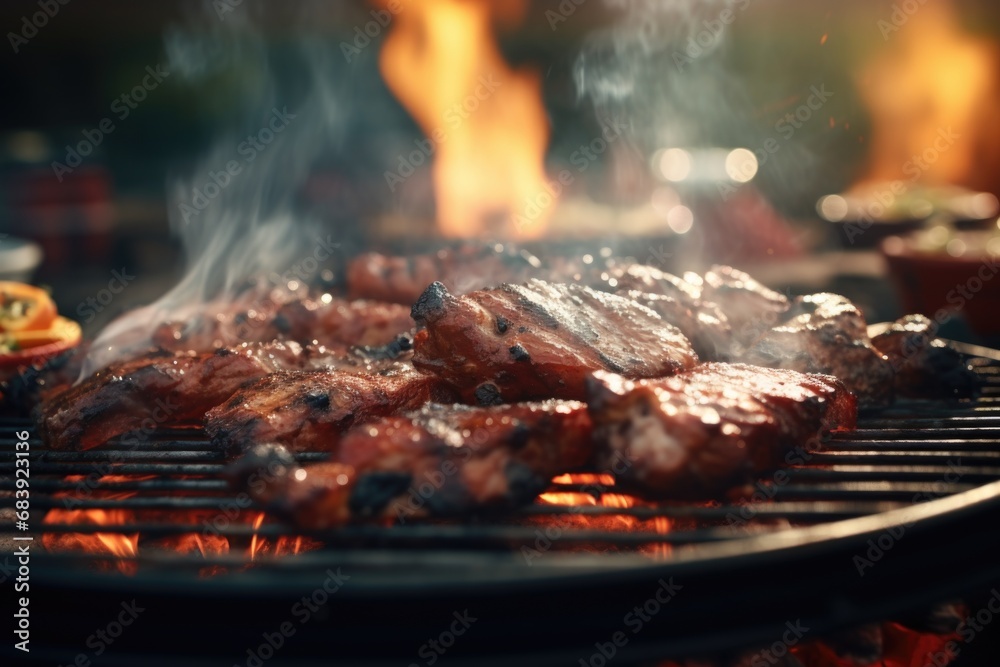 A close-up shot of meat grilling on a barbecue with flames in the background. Perfect for food and cooking-related projects A close-up shot of meat grilling on a barbecue with flames in the background. Perfect for food and cooking-related projects