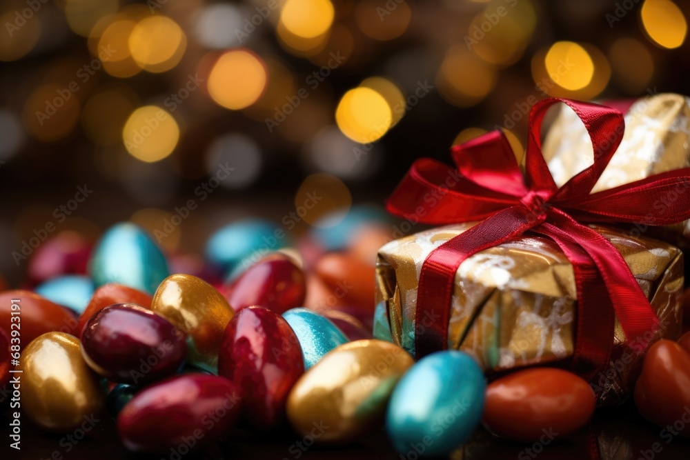 A box of chocolate eggs with a red bow. Perfect for Easter celebrations and gifting A box of chocolate eggs with a red bow. Perfect for Easter celebrations and gifting