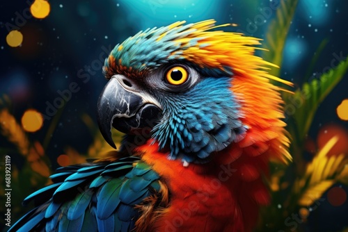 A vibrant parrot with striking yellow eyes. This image can be used to add a pop of color and exotic touch to any project