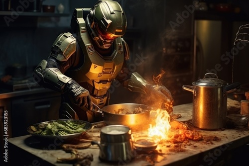 An armored man is pictured cooking food in a kitchen. This image can be used to depict a unique and unexpected culinary scene