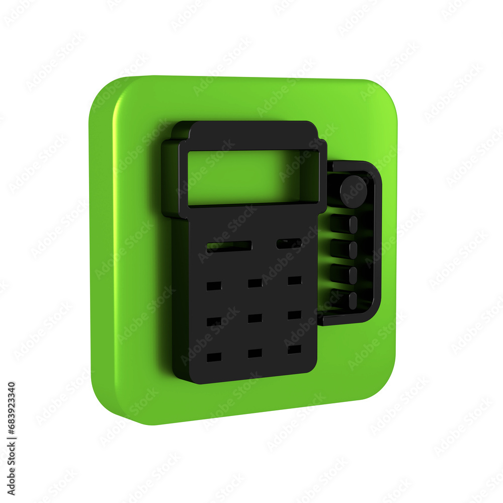 Black POS terminal with inserted credit card and printed reciept icon isolated on transparent background. NFC payment concept. Green square button. Black POS terminal with inserted credit card and printed reciept icon isolated on transparent background. NFC payment concept. Green square button.