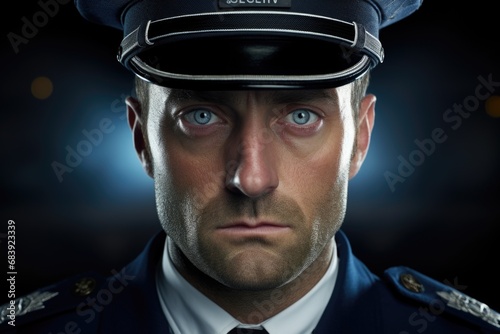 A police officer in uniform looking directly at the camera. Suitable for law enforcement, crime prevention, and security concepts