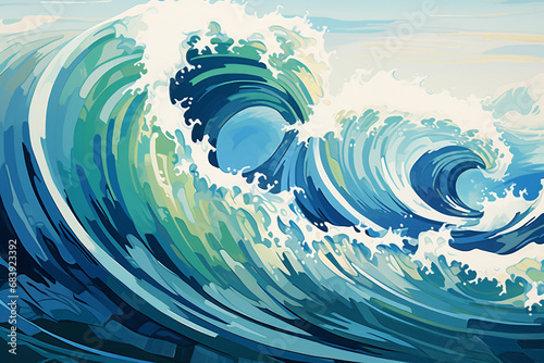 Illustration de vagues, mer et océan. Eau, bleu, nature, plage. Pour conception et création graphique photo